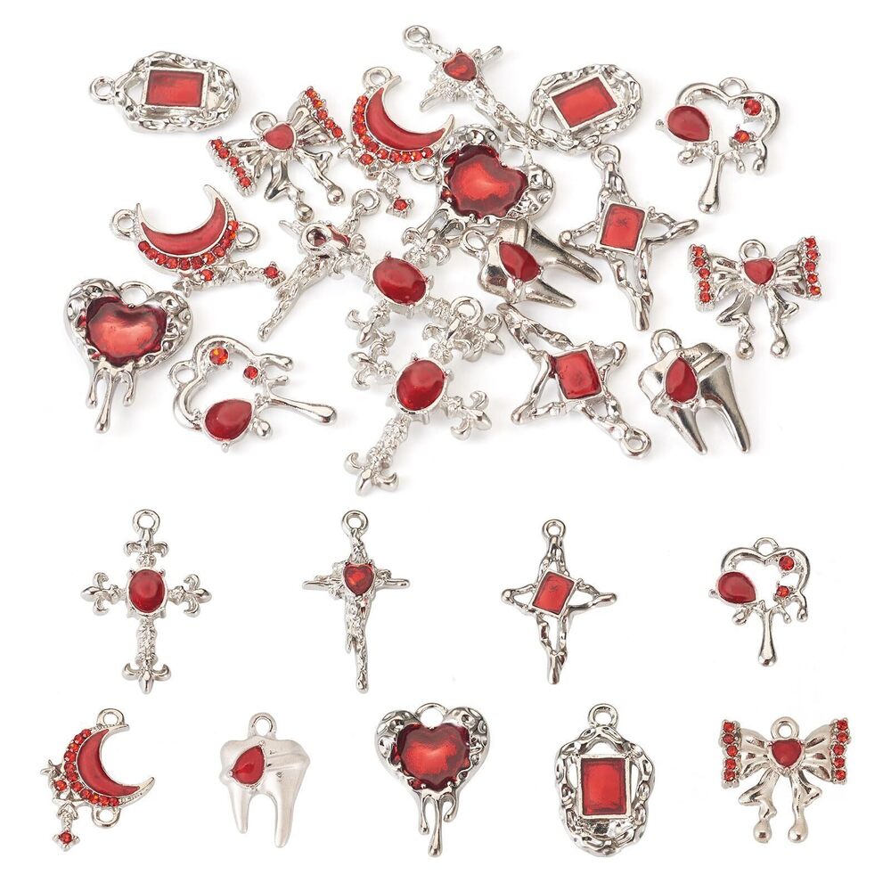 8903 18Pcs Alloy Gothic Charms Heart Moon Punk Cross Charms Red Heart